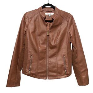 NEW Kenneth Cole Solid Brown Quilted Faux Leather Moto Jacket M